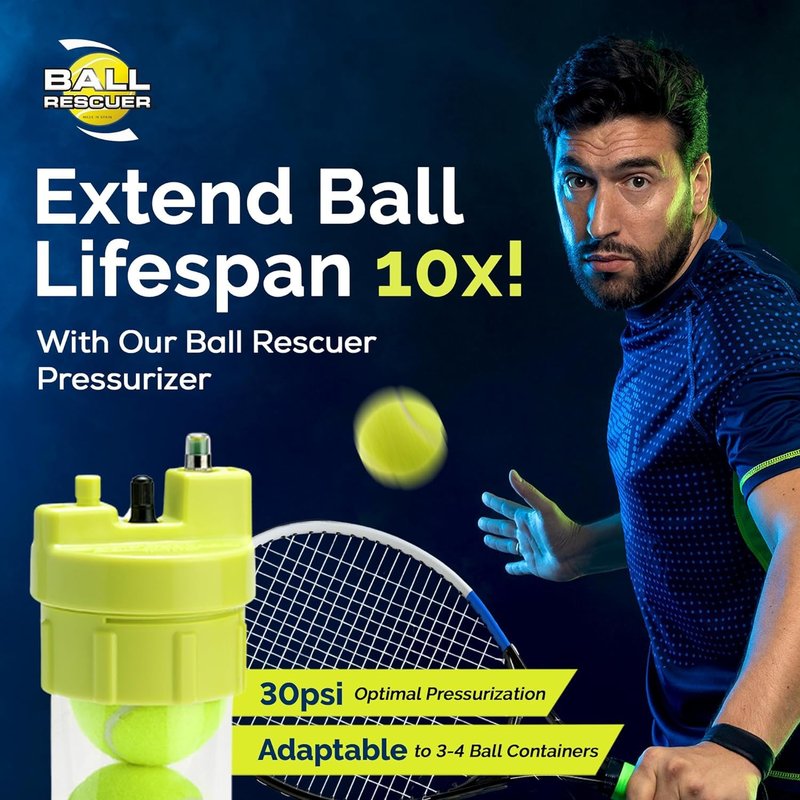 BALL RESCUER: Tennis Ball Pressurizer Premium Kit - Converts Compatible Tennis Ball Container to a 30 psi Pressurizer & Extends Ball (Includes Maintenance Kit, Compatible Container & Pump)
