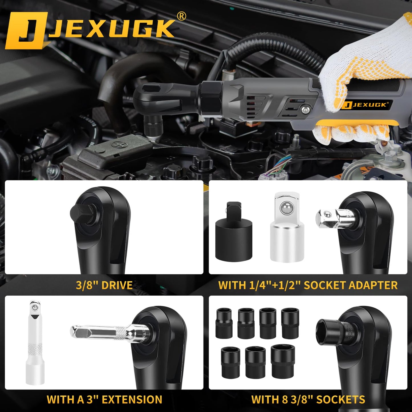 JEXUGK 120Nm Cordless Ratchet Wrench, 3/8" 89 FT-LBS Brushless Ratchet Set with 2 x 2.0A Battery, 21V Electric Matraca Electrica with Variable Speed 7Sockets,1/4" Adapter,1/2" Adapter,3" Extension Bar
