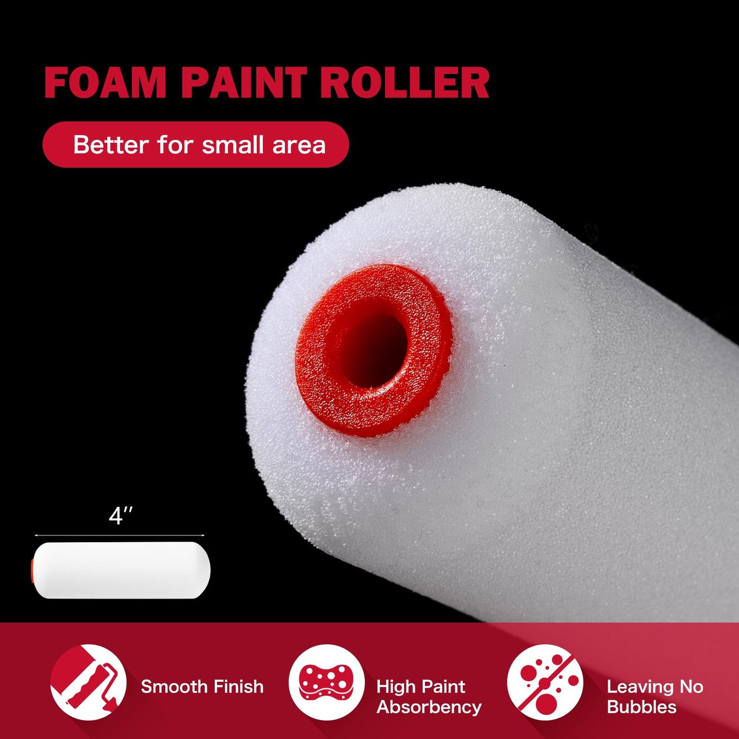 Mister Rui 4" Foam Paint Roller Covers 10-Pack, 50kg/m³ High Density - Washable & Reusable for Smooth Finish on Furniture, Cabinets, DIY Projects