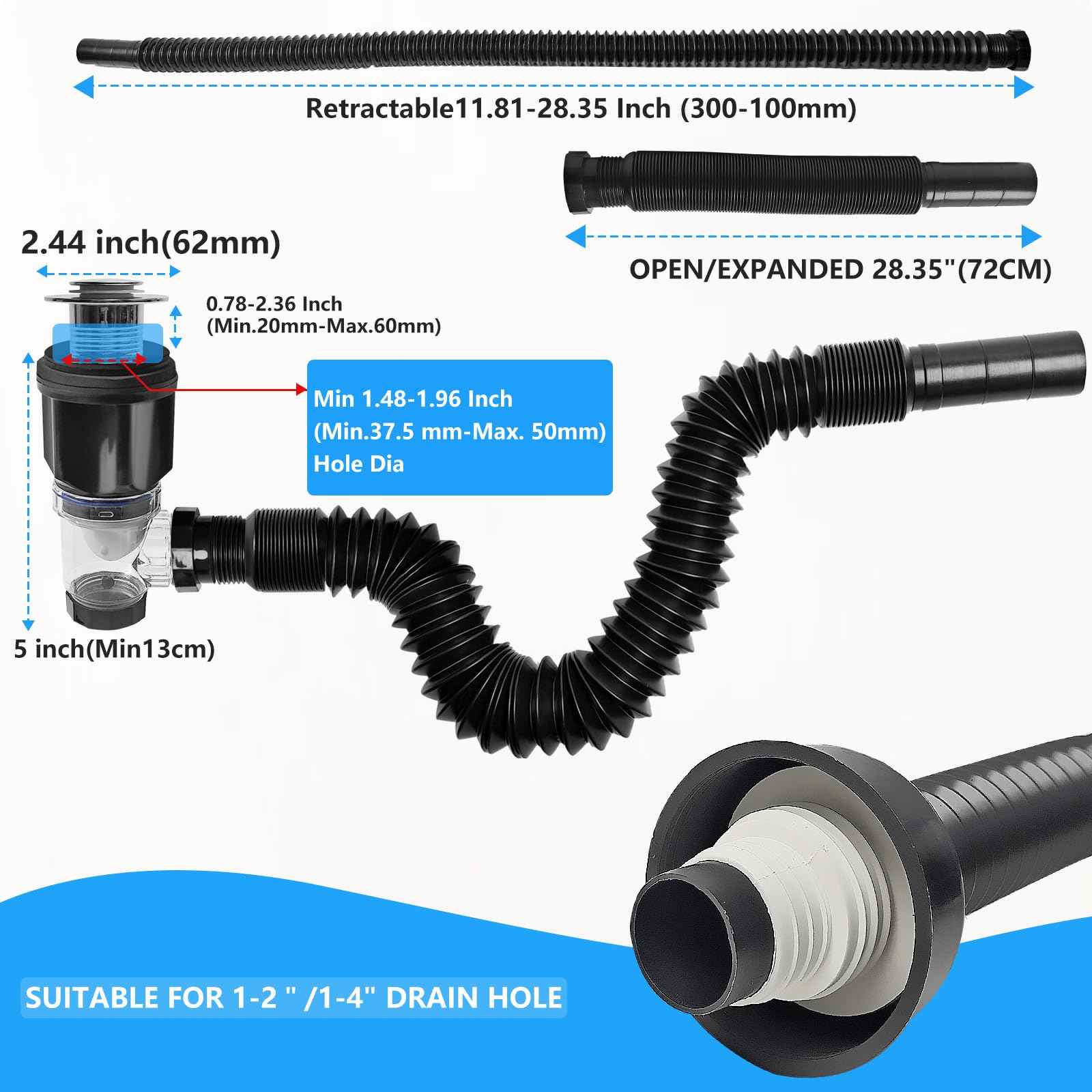Bathroom Sink Drain kit Black,That can be Used with or Without Overflow,Bathroom Sink Drain with Strainer Basket Hair Catcher and pop-up Stopper， for 1-1/4'' & 1-1/2'' RuQiankun