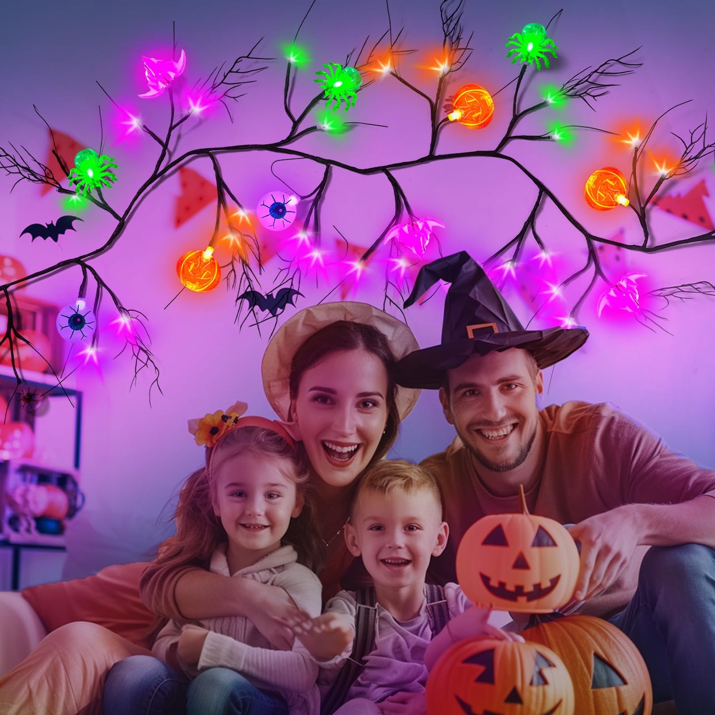 NPET 6 FT 54 LED Willow Twig Halloween Decorations Garland，Remote Control Pumpkin,Bats,Ghosts Eyeball Lights, 8 Modes Halloween Garland with Purple Green Orange Lights Indoor Mantle House Decor