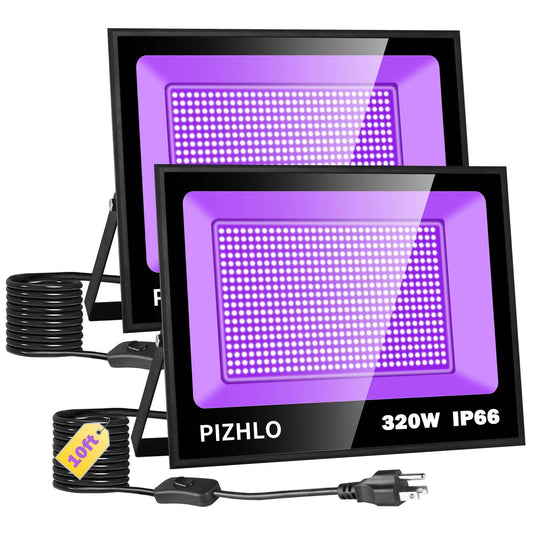 2 Pack 320W LED Black Light, Blacklight Flood Light with Plug & Switch, IP66 Waterproof Outdoor Blacklight Floodlight for Halloween Fluorescent Poster Body Paint Neon Glow in The Dark Stage Lighting