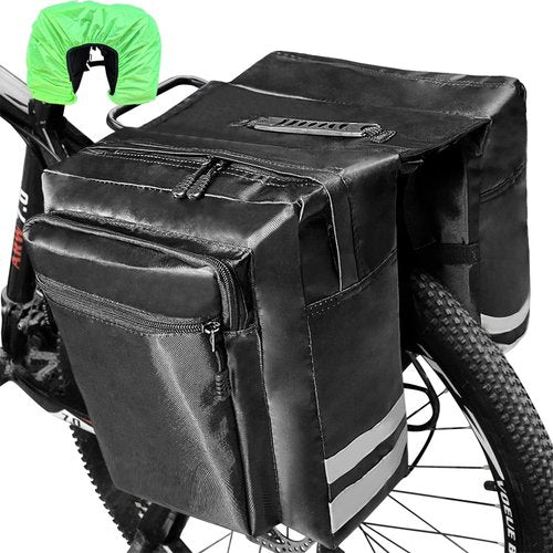 KLERICER Double Bike Pannier Bag, 30L Waterproof Bicycle Trunk Bag with Rain Cover, Bike Panniers Rear Rack Bag with Reflective Stripe, Multi Pockets Saddle Bags for Bicycle (Black)