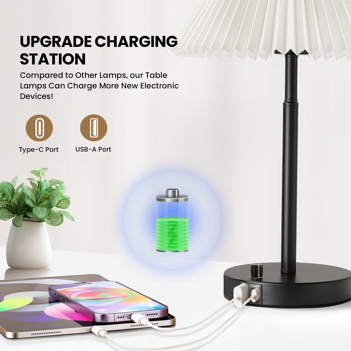 RUIYEY Bedside Table Lamp Set of 2: Dimmable Nightstand Bedside Lamps with USB A and C Ports, Modern Metal and Pleated Fabric Shade Black Desk Lamp for Bedroom Living Room Home Office Reading