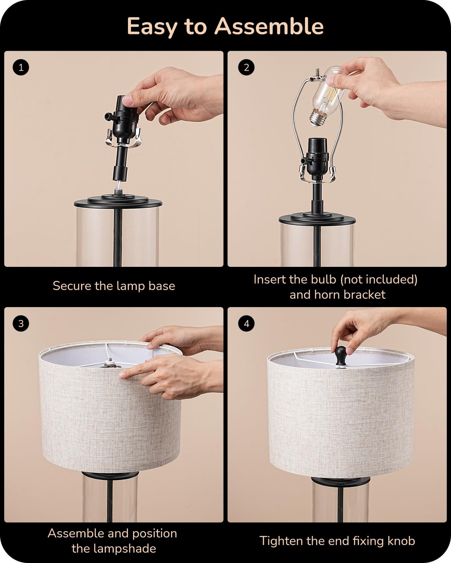 EDISHINE 23.6" Glass Table Lamp Set of 2, DIY Refillable Bedside Lamp with Linen Lampshade & Rotary Switch, E26 Base, Nightstand Light for Living Room, Bedroom, Office