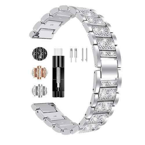 FitTurn Jewelry Bling Bands Compatible with Garmin Approach S50 S40 S42 S12/Forerunner 35/45/45s/55/158/165/245/645 Music, Diamond Rhinestone Bracelet Metal Strap Replacement Wristbands (Silver)