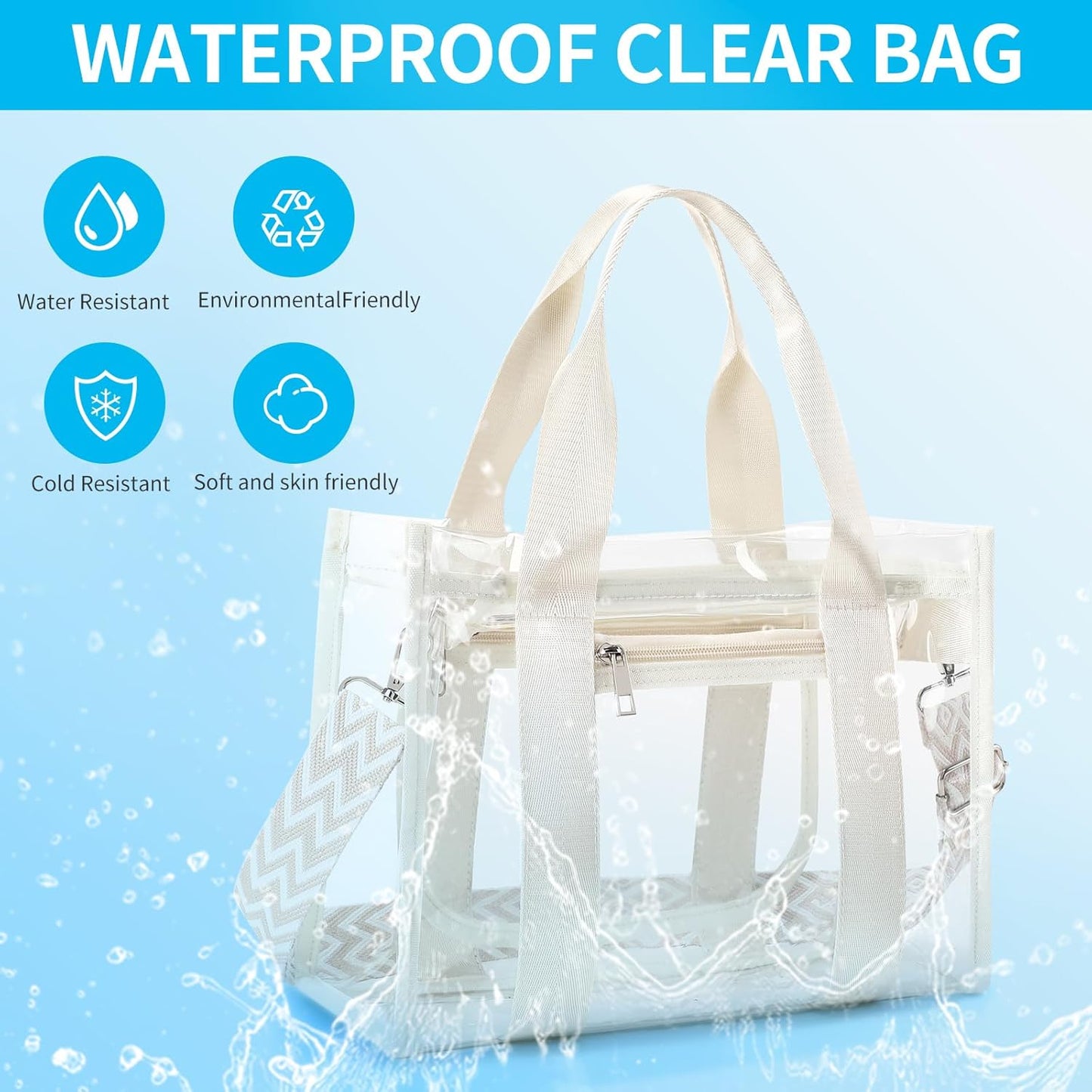 Skiennix Clear Stadium Bag - Large Tote with Inner & Outer Zipper Pockets for Events, Concerts, Beach