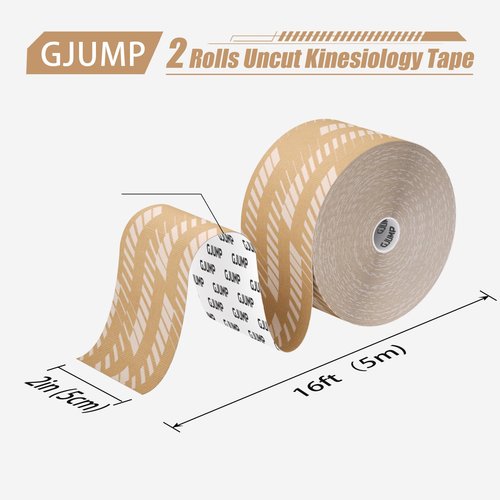GJUMP Kinesiology Tape, 2 Rolls Hypoallergenic Athletic Tape for Muscle Strain Relief & Joint Support, Waterproof & Breathable Sports Tape for Pain Relief, 2in x 16ft Uncut Roll-Stripe (Beige)