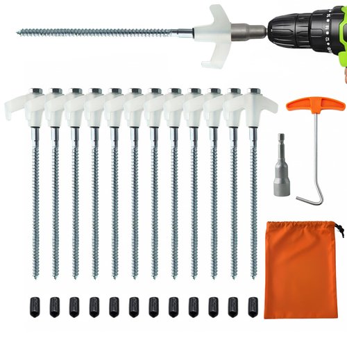 12-Pack Heavy Duty Screw-in Tent Stakes with Drill Adapter – 8 Inch Ground Anchors for Camping, Canopy, Gazebo, Awnings & Outdoor Accessories