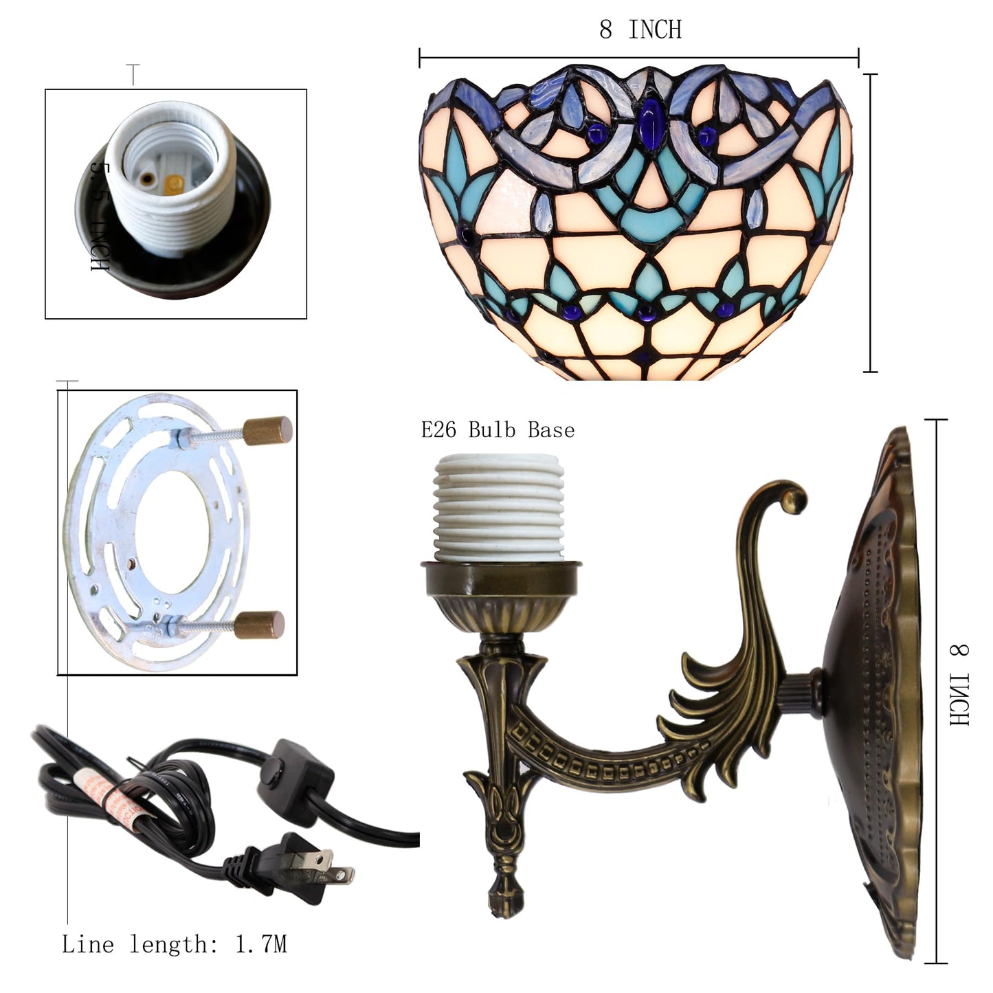 Tiffany Wall Sconce Lamp Stained Glass 8X10.5X11 Inch Plug in Wall Bedside Light for Hallway Bedroom (White Blue Baroque Style)