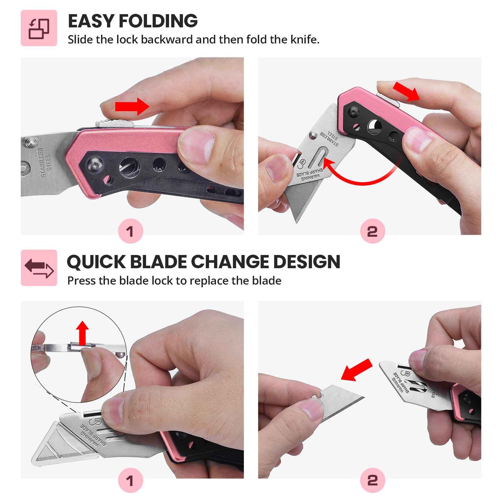 KAMBOLLY Pink Box Cutter Knife, Folding Utility Knife, 6 in 1 Razor Pocket Utility Knives Multitool with Clip, 5 Razor Blades, Screwdriver, Saw, Safe Lock, Work Knives, EDC Gadgets Gifts for Men Women