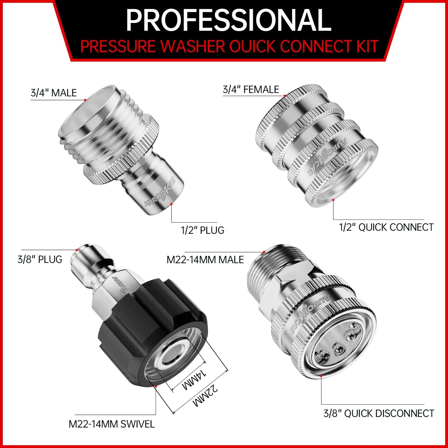 AURORA CAR Pressure Washer Quick Connect Kit, Stainless Steel Pressure Washer Adapter Set, M22-14mm Swivel to 3/8" Quick Connect Fittings, 3/4 Inch Hose Fittings, 8 Pack