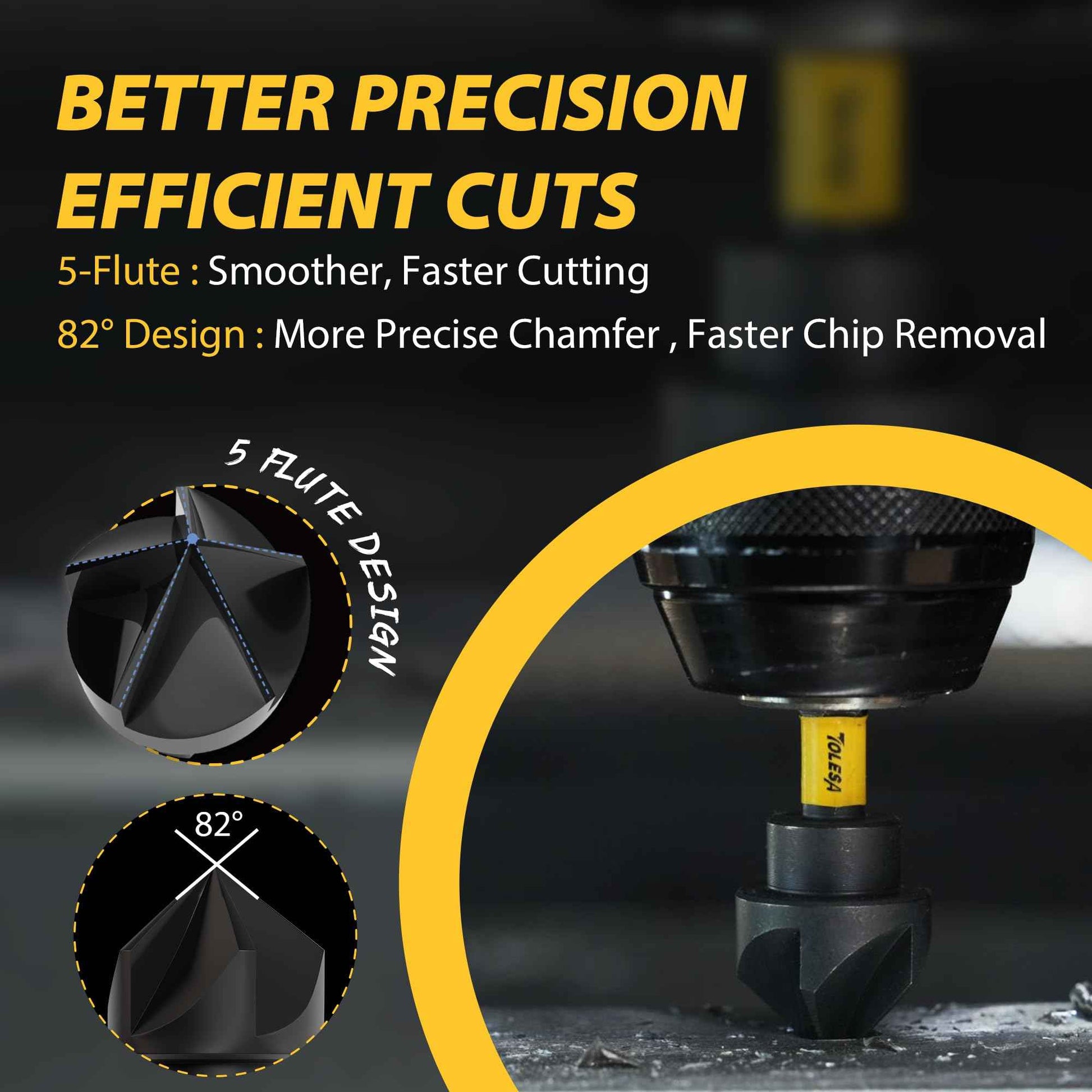 TOLESA 5PCS Countersink Drill Bit Set with 82 Degree 5 Flutes Design, Nitride Coating HSS 1/4" Hex Shank Counter Sink Drill Bit for Wood, Metal, Plastic in Size 1/4” 3/8” 1/2” 5/8” 3/4”