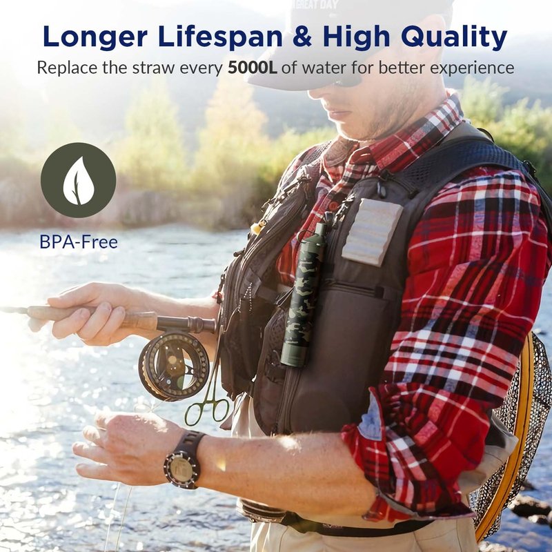 Membrane Solutions Gravity Water Filter Pro 6L, NSF/ANSI 42&372&401 Certified, 0.1 μm Versatile Water Purifier Camping with Adjustable Tree Strap Storage Bag, Survival Gear for Emergency(Camo)