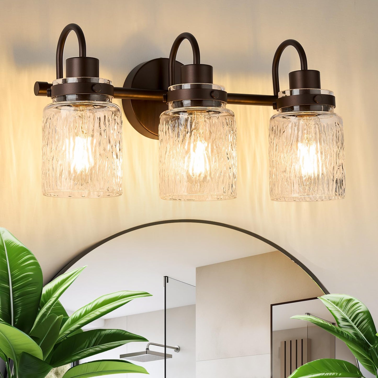 AMRUIPO 3 Lights Bathroom Vanity Light, Oil Rubbed Bronze Bathroom Light Fixtures with Hammered Glass Lampshade for Dressing Table,Over Mirror,Hallway