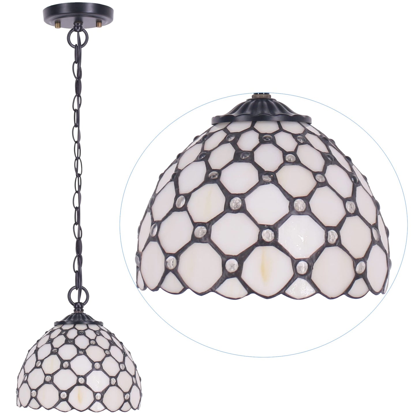 Small Tiffany Pendant Light 8 inch Tiffany Style Stained Glass Pendant Hanging Lamp Small Vintage Hanging Light Fixtures for Home Living Room Restaurant Hallway (White Amber Pearl Beads Style)