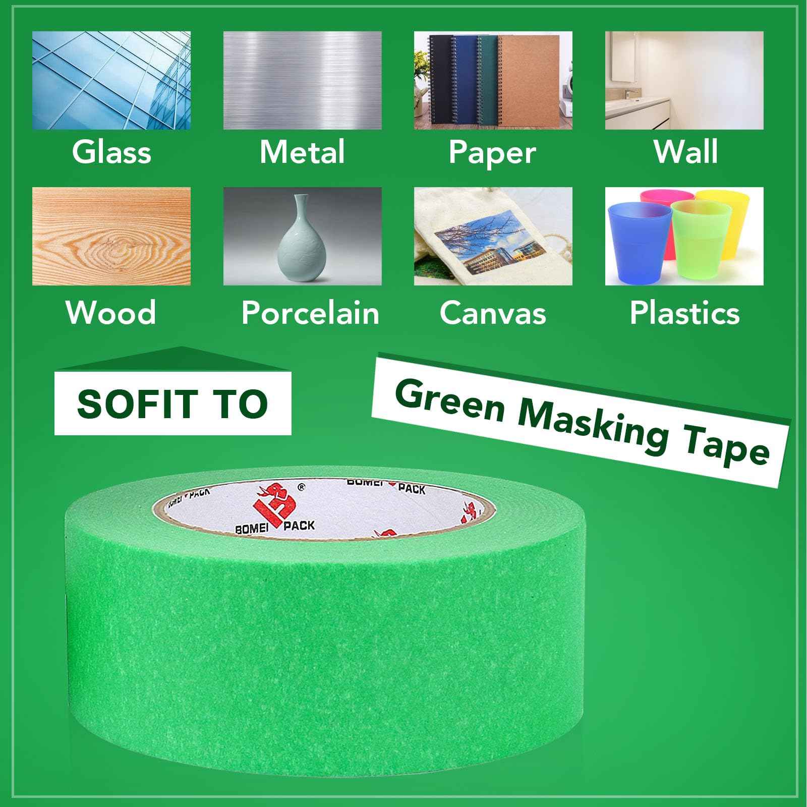 BOMEI PACK 10 Rolls Painters Tape 2 inch Wide, Painter's Tape Green Masking Tape 2 inch x 55 Yards for Walls Painting, Home Improvement and School Projects, Total 550 Yards