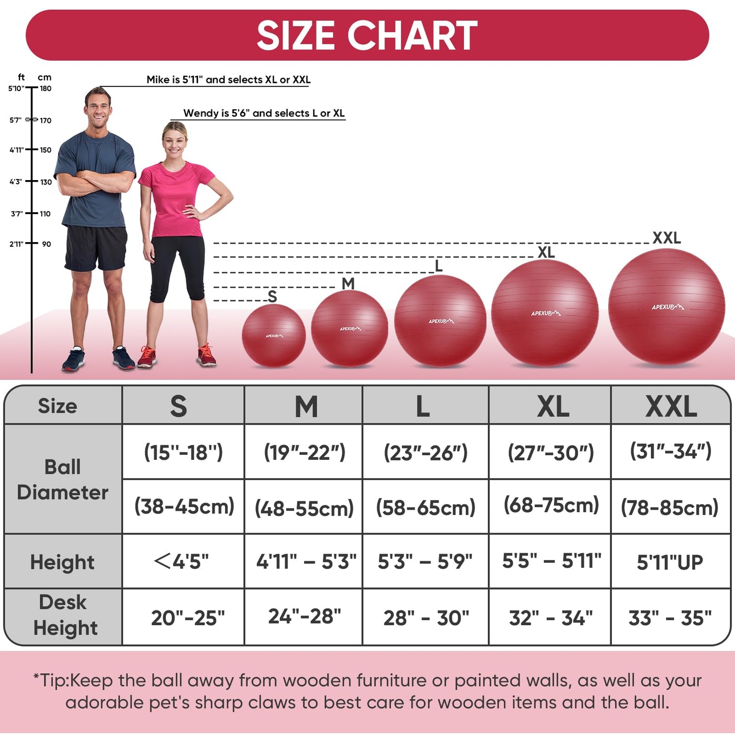 APEXUP Yoga Ball, 660 lbs Anti-Burst Exercise Ball with Pump, 5 Sizes