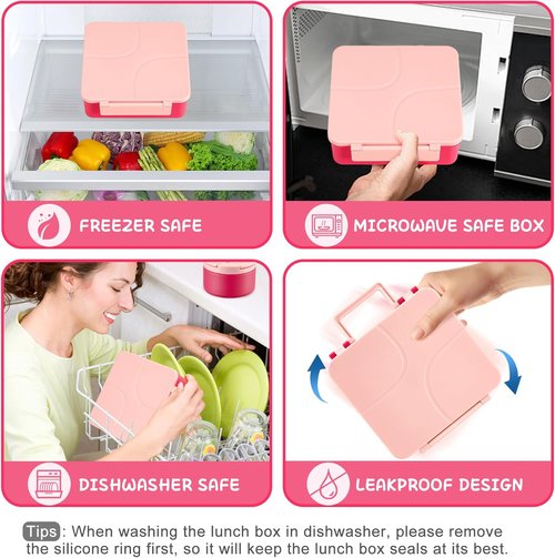 MAXSO Bento Lunch Box Set - Leakproof Hot Food Container with 8 oz Soup Thermo & 4 Compartments - Pink