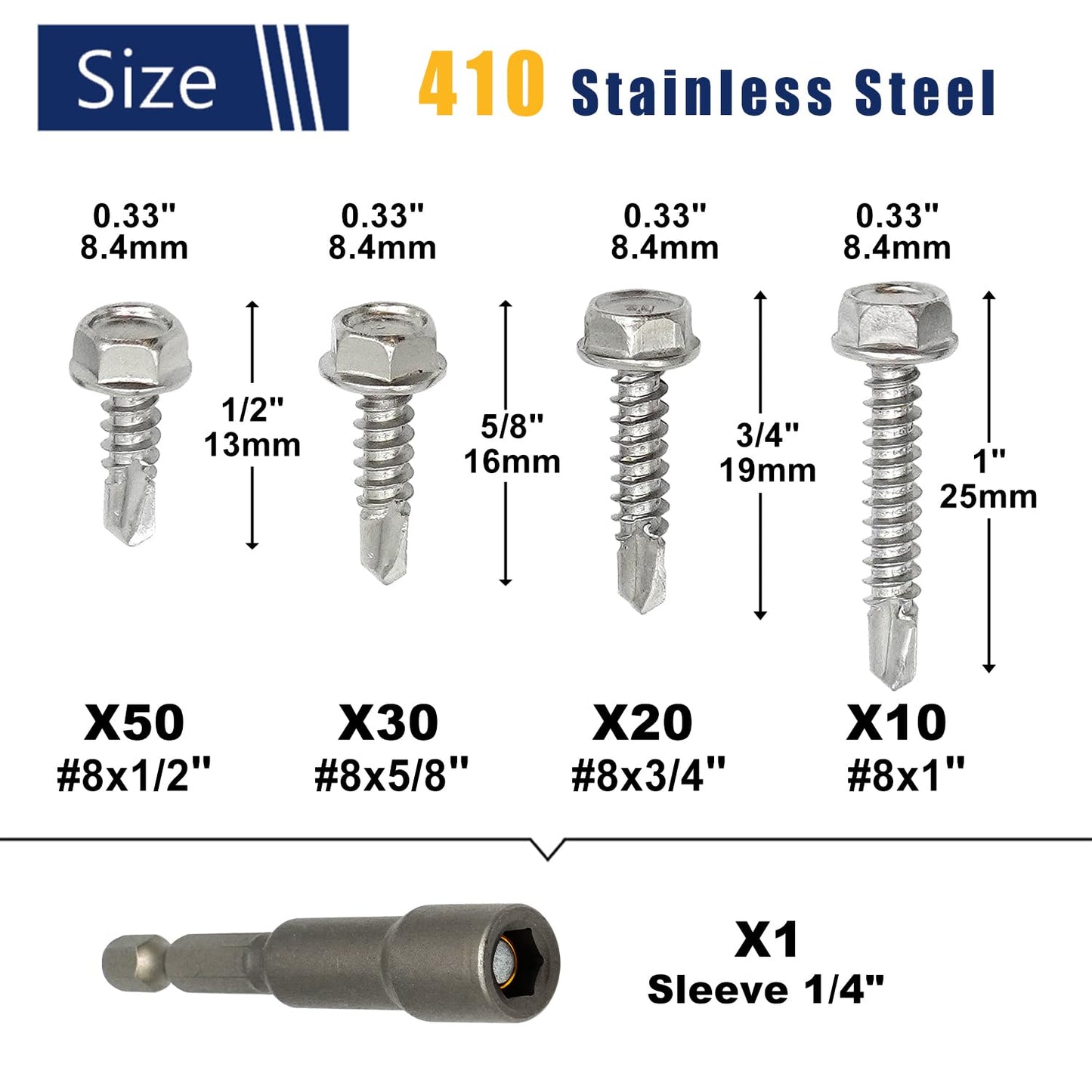 110PCS #8 Sheet Metal Screws 410 Stainless Steel Hex Washer Head Fast Self Tapping Drilling Screws with Screwdriver Bit Silver