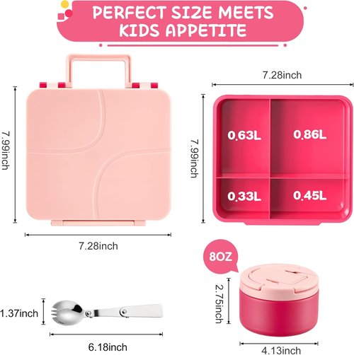 MAXSO Bento Lunch Box Set - Leakproof Hot Food Container with 8 oz Soup Thermo & 4 Compartments - Pink