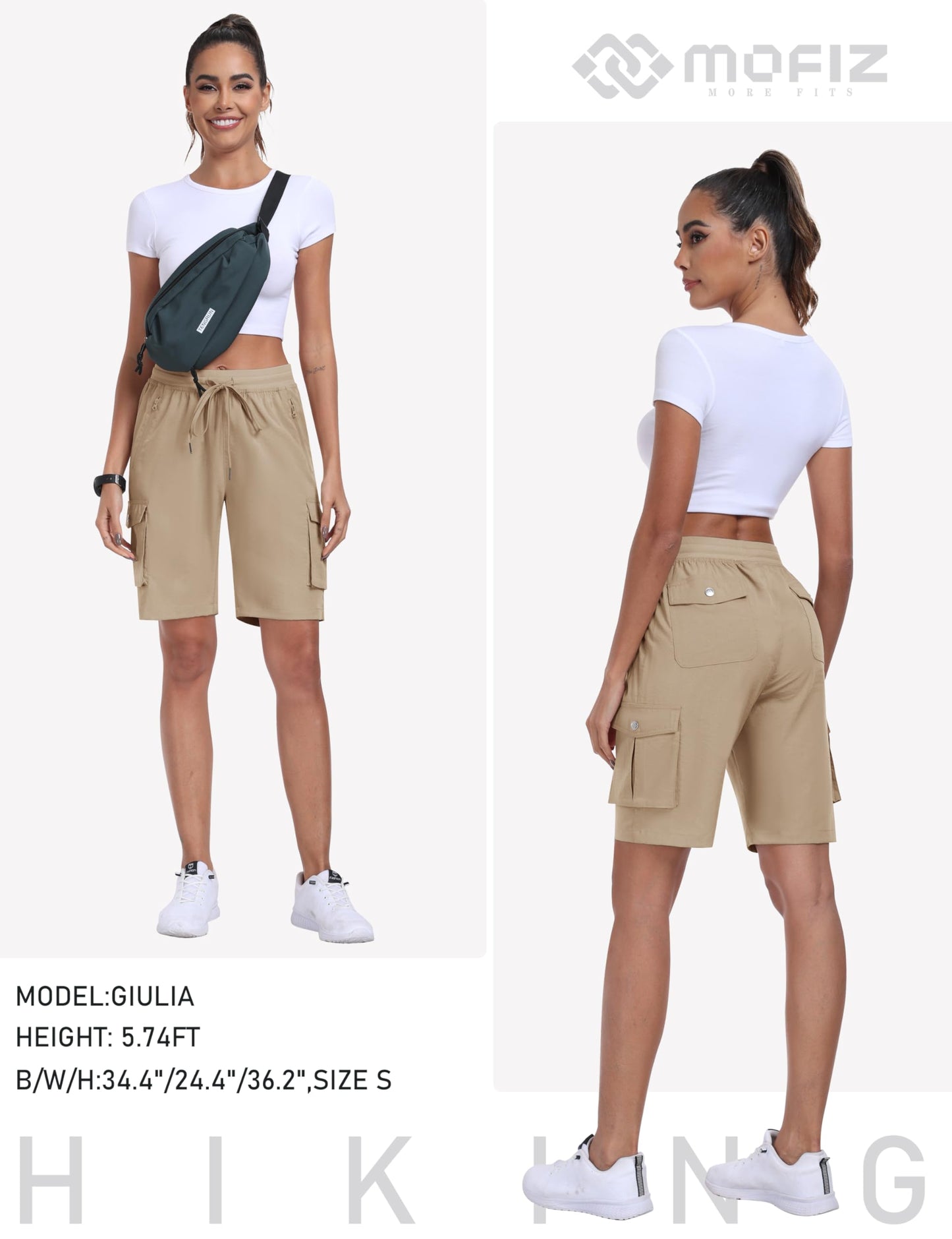 MoFiz Women's Hiking Long Shorts 10" Quick Dry Summer Cargo Shorts for Women Lightweight Knee Length Athletic Shorts with Pockets Khaki M