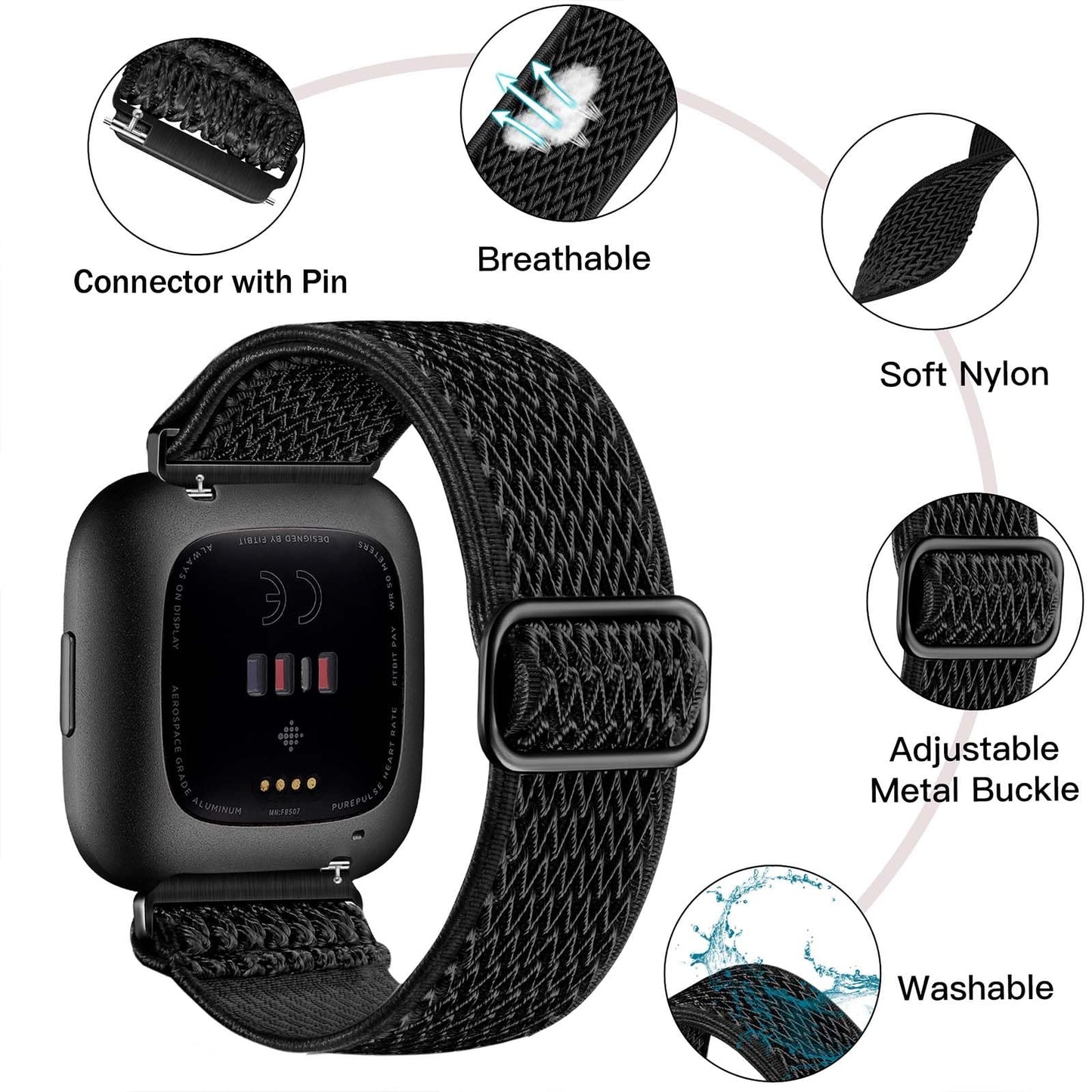 Fuleda Elastic Bands Compatible with Fitbit Versa 2 Band Women Men, 2Pack Soft Adjustable Nylon Breathable Sport Band for Versa/Versa 2/Versa Lite/SE Smartwatch Loop Stretchy Wristband, Black & Gray