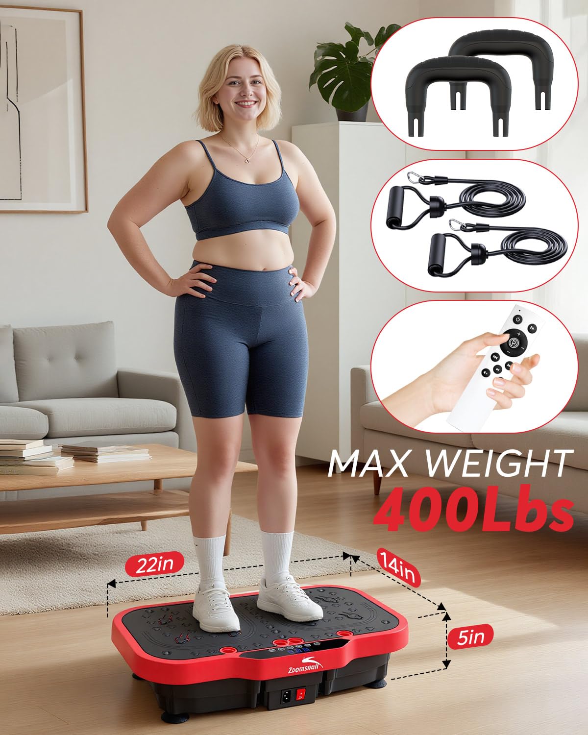 Zoomsnail Vibration Plate Exercise Machine, 8000 Vibrations/min Adjustable Fitness Platform, 400 Lbs Capacity Whole Body Workout Extra Large Size Platform with Bluetooth for Weight Loss, Women & Men