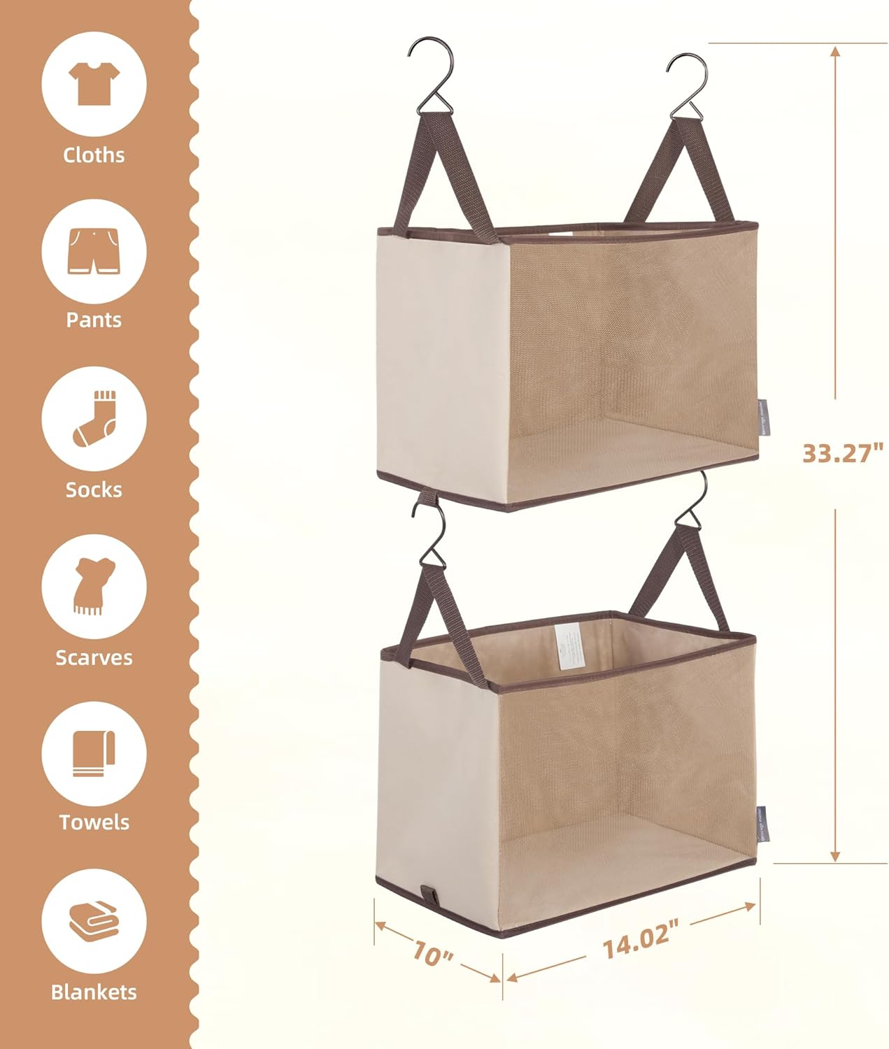 Storage Maniac 2-Shelf Hanging Closet Organizer - Canvas Shelf with Hooks for Dorm & Bedroom - Beige