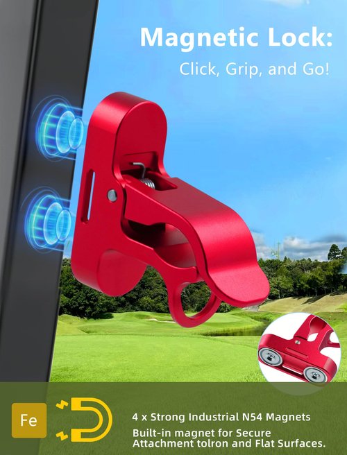 Magnetic Golf Holder Clip for Golf Cart with Hook Design, Aluminum Alloy Golf Cart Hold with Secure Grip & Hook & Loop Strap, Golf Cart Accessories, Ideal Golf Gifts for Men - Red