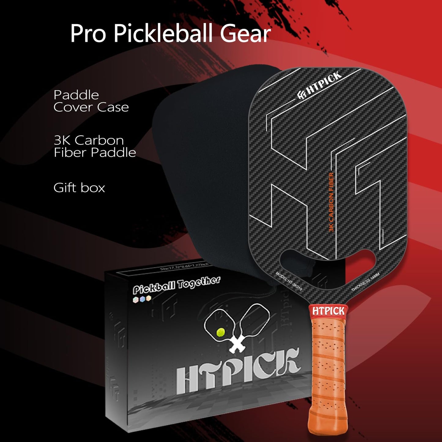 Pickleball Paddles, 3K Raw Carbon Fiber Pickleball Paddle with 14mm Thickness PP Honeycomb Core and Aero Throat, Designed for Unmatched Control and Added Power