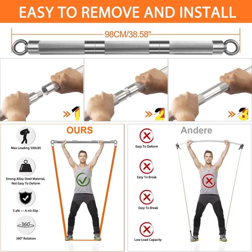 DASKING Detachable Resistance Bar - 38.5" Total Length – 500LBS Capacity, Portable Home Gym Bar for Full Body Workouts