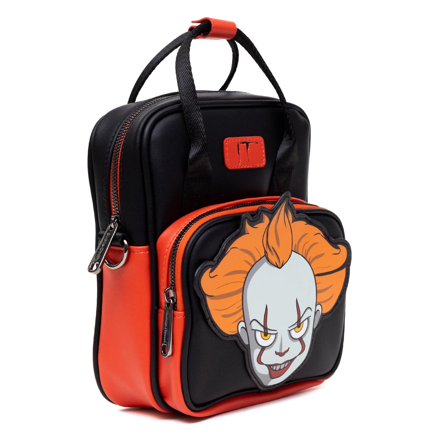 Buckle-Down Horror Movies Vegan Leather Crossbody Backpack for Men and Women with Adjustable Strap, It Pennywise Smiling Face Applique
