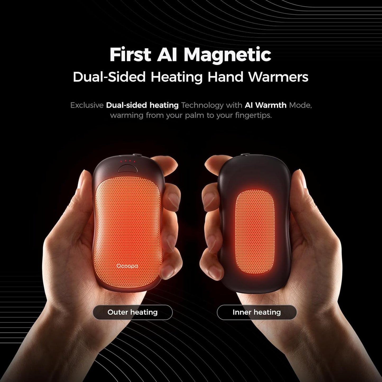 OCOOPA Rechargeable AI Smart Magnetic Hand Warmers - Double-Sided Heating, 10000mAh, 4 Heat Levels, Max 136°F | Perfect Christmas Gift for Men