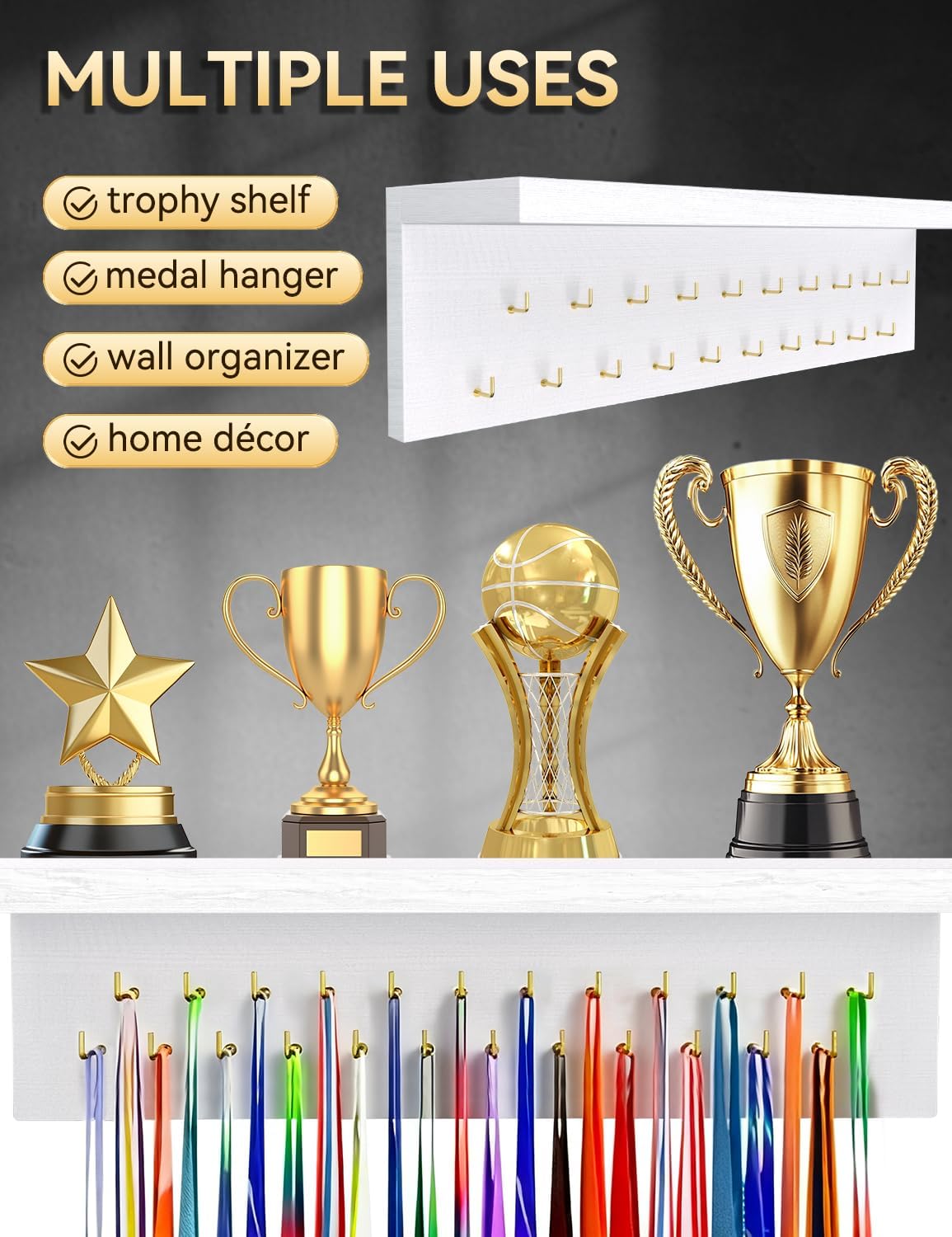 Wooden Medal Hanger Display - Sturdy Trophy Shelf with 19 Hooks for Gymnastics, Soccer, Running Awards