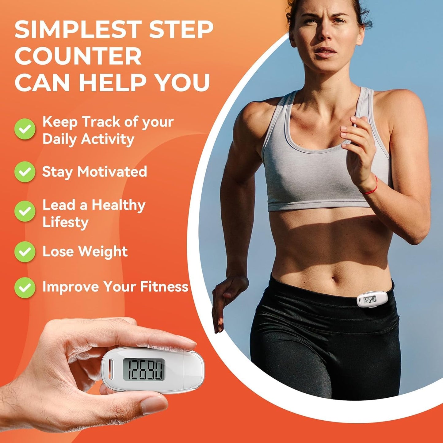3D Pedometer for Walking, Simple Walking Step Counter with Removable Clip and Strap, USB Rechargeable Step Tracker with Backlight, Accurate Step Counter for Men Women Seniors - White