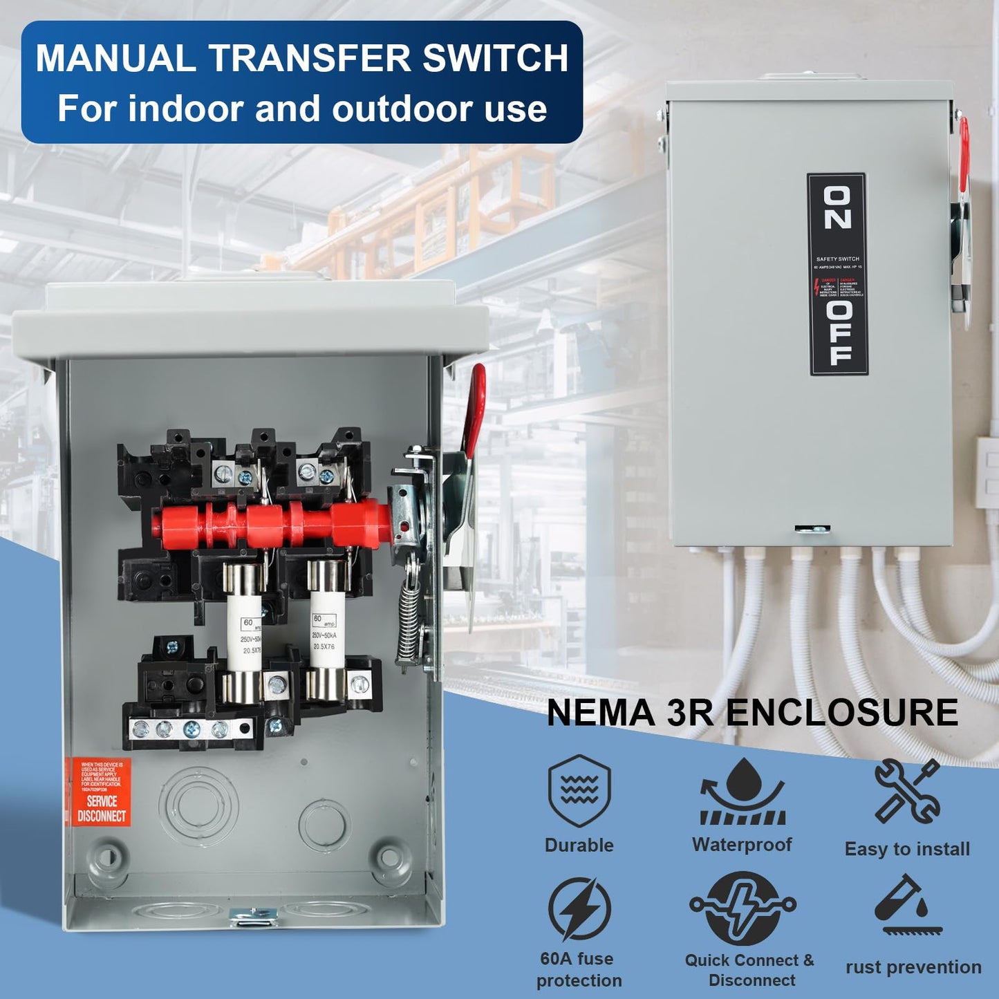 2P 60Amp 110/240V 2 Wire Fusible Heavy Duty Safety Switches，Ac Disconnect Switches Box，Quick Disconnect Safety Switch，Equipped with Fuses