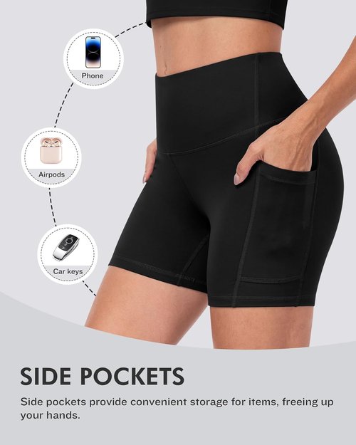 CHRLEISURE Women's Biker Shorts - 5-Inch High Waisted Tummy Control with Pockets | 6-Pack Spandex Yoga Set
