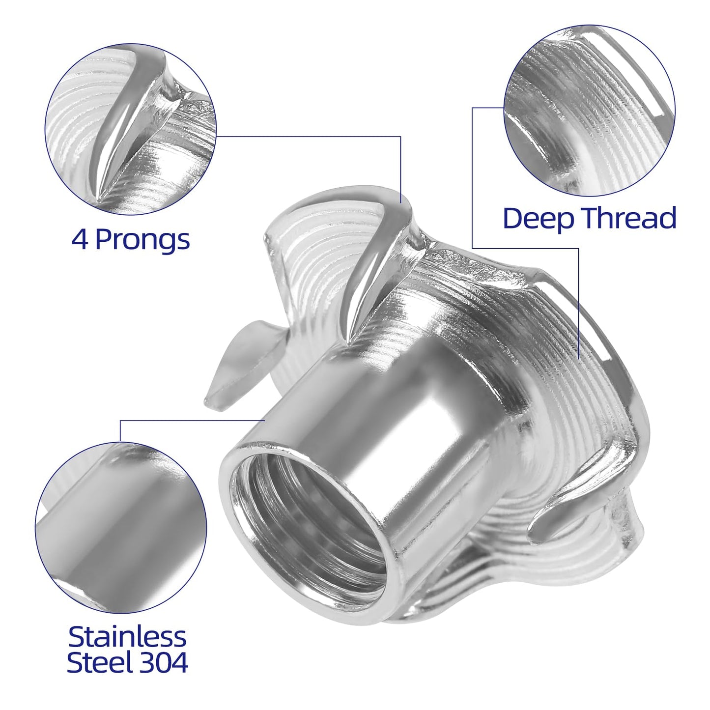 5/16"-18 T-Nuts 304 Stainless Steel, 4-Pronged Tee Nut for Wood, Rock Climbing Holds, Furniture, 25 PCS