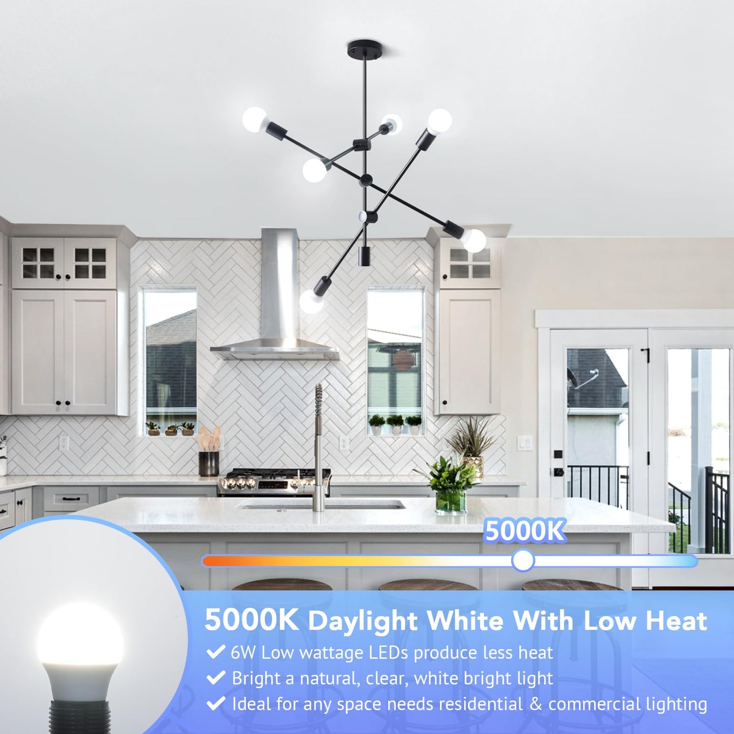 Maylaywood A15 LED Light Bulb, 60 Watt Equivalent LED Bulbs, Daylight White 5000K, 600LM, E26 Base, Non-Dimmable, 6W Bright White, 6-Pack