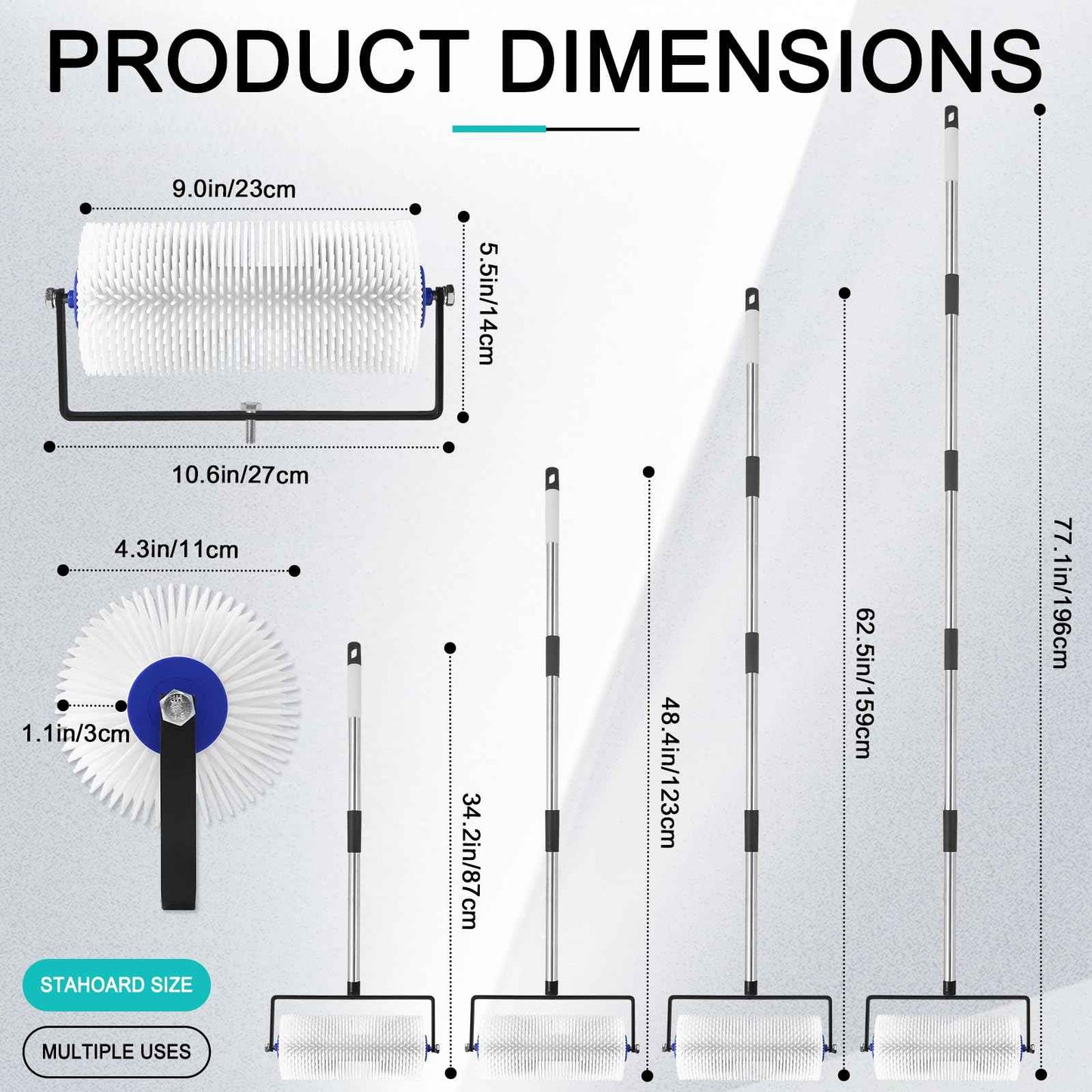 Spiked Roller for Self Leveling,9” Floor Leveling Spiked Roller for Self Leveling Concrete & Epoxy Bubble Removal - Adjustable Handle (34-77in) Lightweight Durable Screed Tool for Cement, Paint