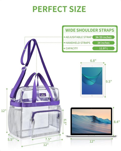 MAY TREE Clear Bag for Stadium Events 12×6×12 Clear Tote Lunch Bag with Reinforced Straps for Work, Sporting Events and Gym