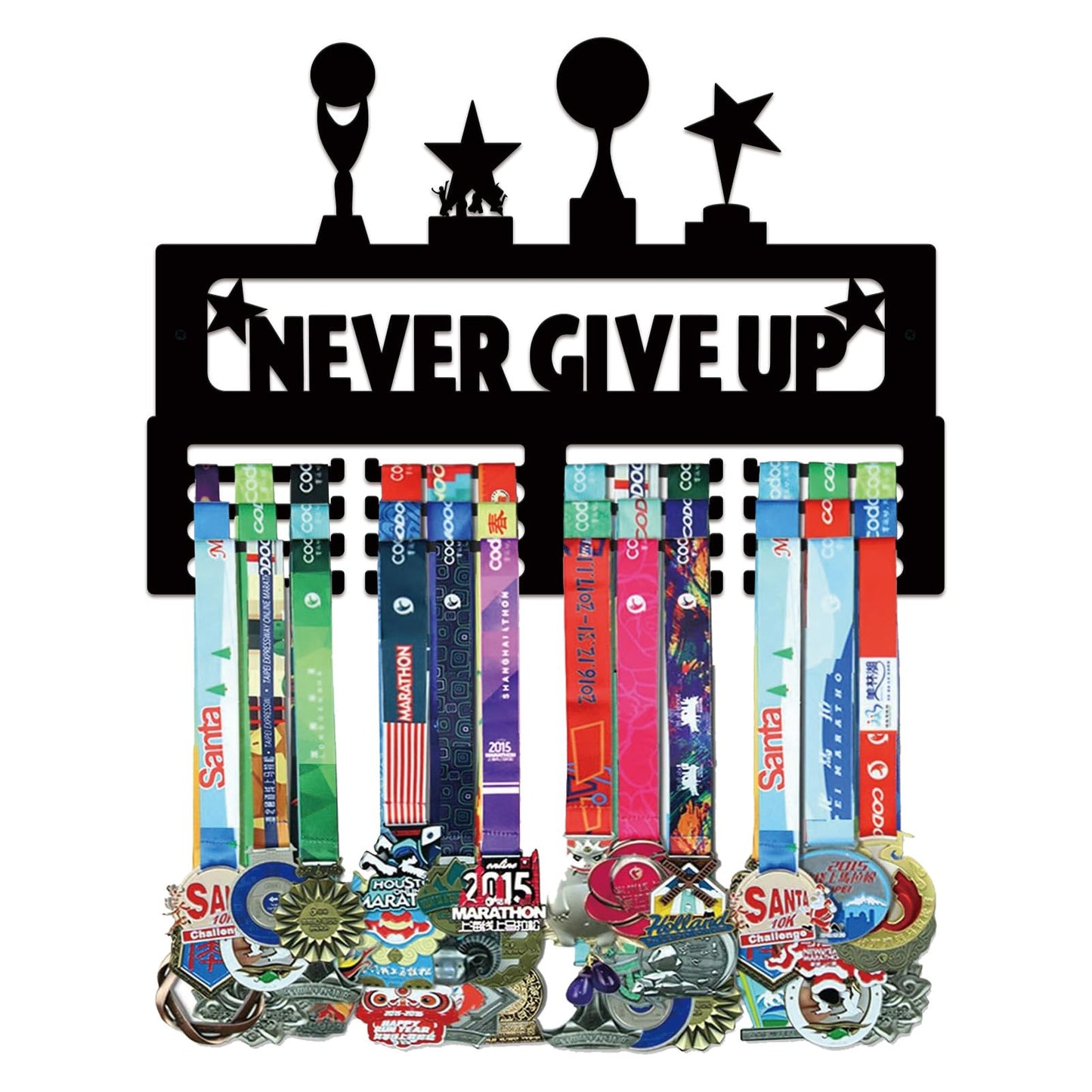 Resama Metal Holder Display Hanger Rack Frame- Metal Awards Rack for Walls Holds 40+ Never Give Up Sports Medals Hanger Ribbon Display Holder Rack with Easy Hanging