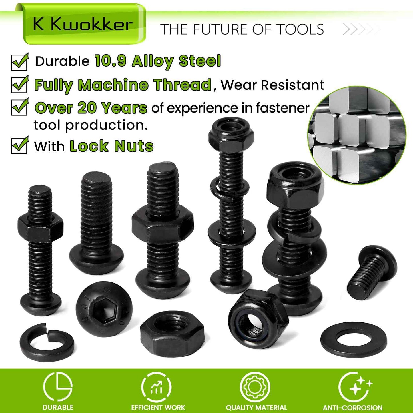 K Kwokker 500Pcs M6 M8 Metric Screws Assortment Kit 12MM-40MM with Lock Nut, Button Head Hex Socket Nuts and Bolts Assortment Kit, 10.9 Alloy Steel Machine Screws w/Washers, M6x1.0 Bolt, M8x1.25 Bolt