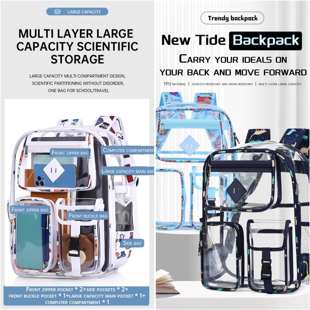 Skiennix Clear Backpack - Heavy Duty PVC for Stadium, Travel & Work | Dual Zippered Compartments & Mesh Side Pockets (White)