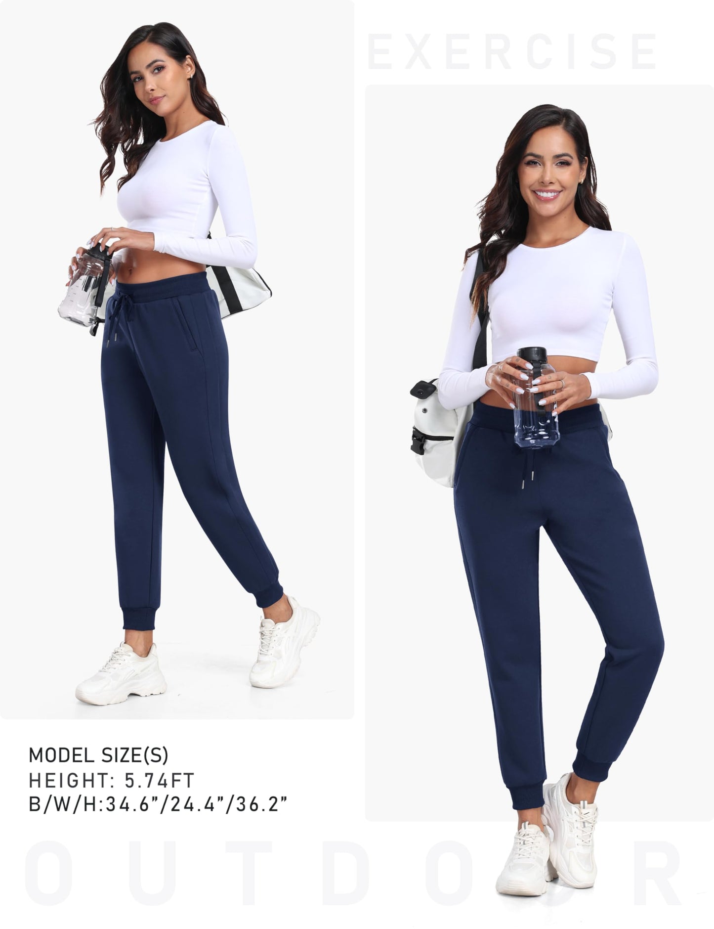 MoFiz Women's Fleece Lined Joggers Thermal Hiking Pants Elastic Waisted Water Resistant Cold Weather Sweatpants with Zipper Pockets Navy L