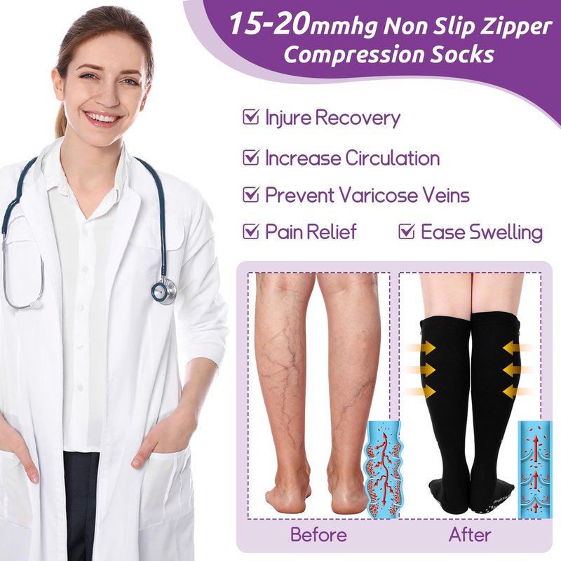 Shyyween 3 Pairs Zipper Compression Socks Non Slip Grip for Men Women 15-20mmhg Knee High Socks for Nurse Pregnant Swelling(L,Black)