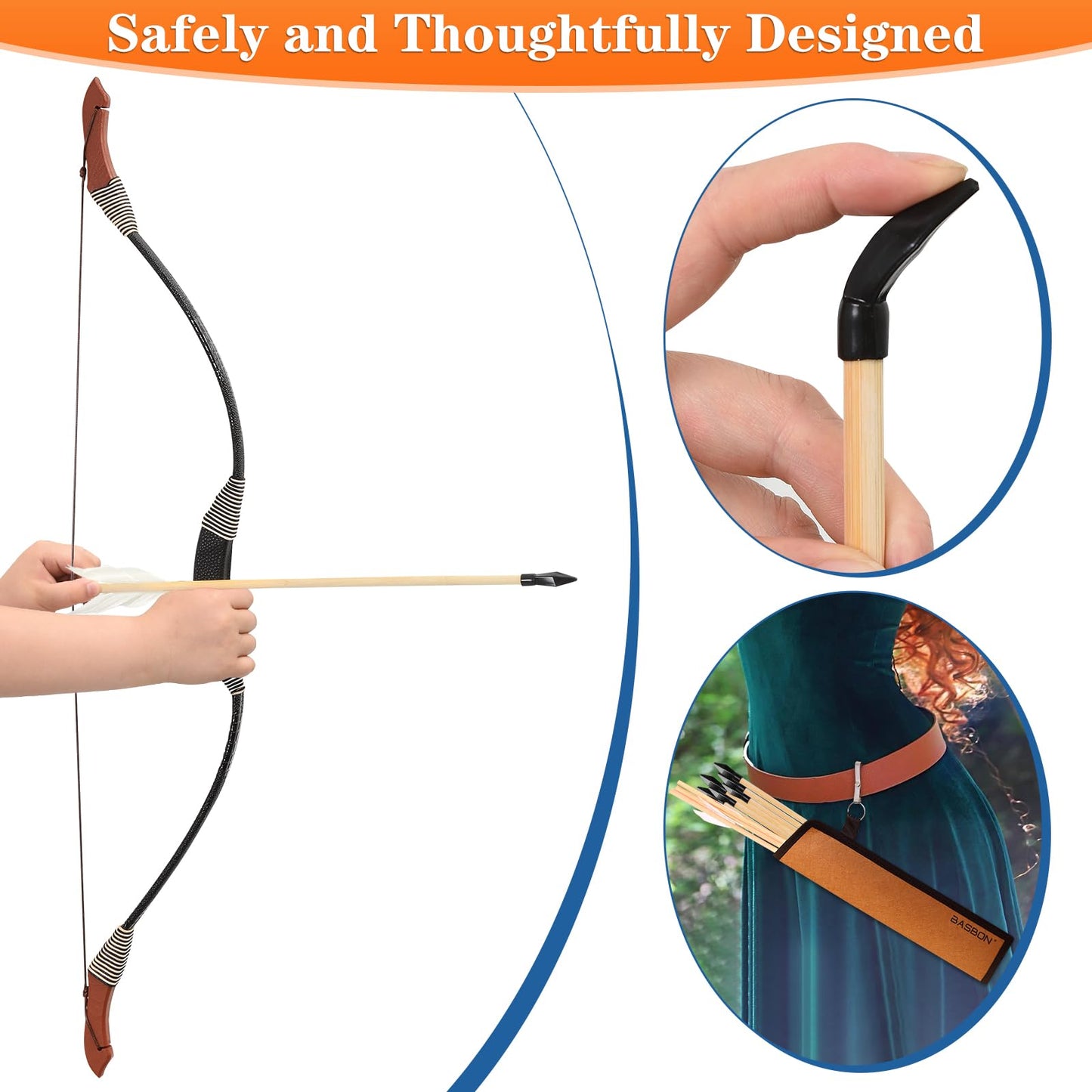 Kids Bow and Arrow Set, 33″ Archery Set Wrapped in Microfiber Leather Wooden Toy Bow and Arrow for Kids 6-8 8-12, 7 Wood Arrows, 3 Feathered Arrows (Rubber Tip), Gifts for Youth Boys Girls, Black