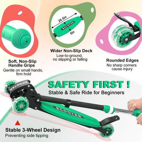 Kids Kick Scooter: Light-Up 3 Wheel Scooters for Kids 6-12,3 Adjustable Height Handlebar, Lean-to-Steer,Widen Anti-Slip Deck, Folding Heavy Duty Scooter for Boys Girls Ages 6-8,up to 170 Lbs