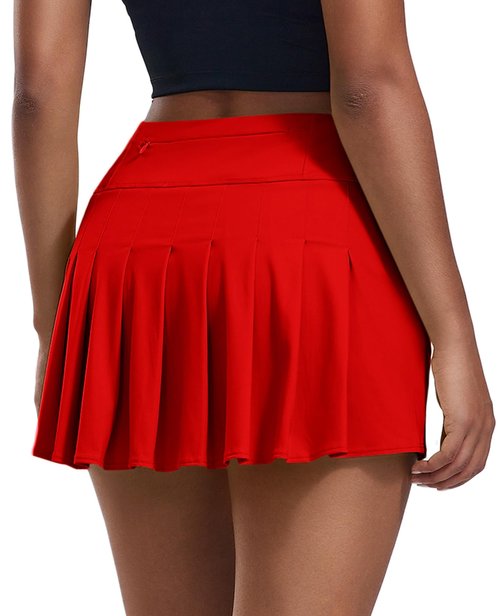 PINSPARK Pleated Tennis Skirts for Women with Pockets Shorts Athletic Golf Skorts Quick Dry Summer Mini Skirt,Red Small